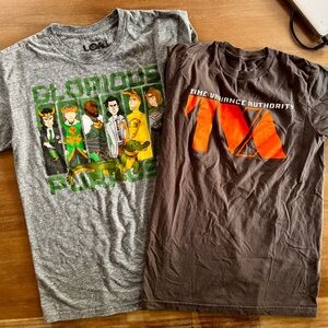 2 Loki tees both from Hot topic 
Time Variance Authority size Xs
Glorious Small